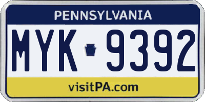 PA license plate MYK9392