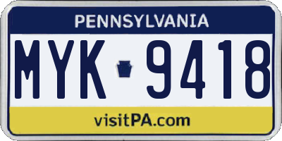 PA license plate MYK9418