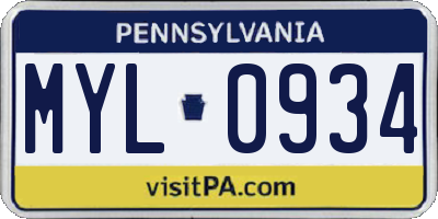 PA license plate MYL0934