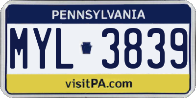 PA license plate MYL3839