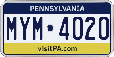 PA license plate MYM4020