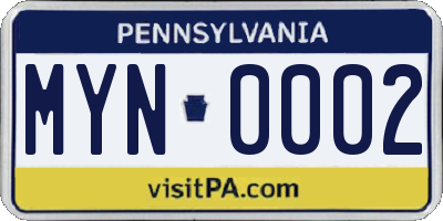 PA license plate MYN0002