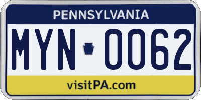 PA license plate MYN0062