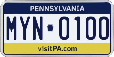 PA license plate MYN0100