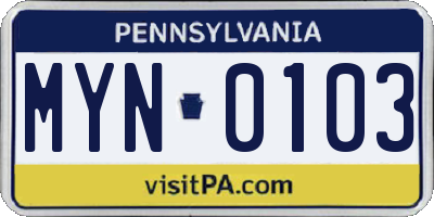 PA license plate MYN0103