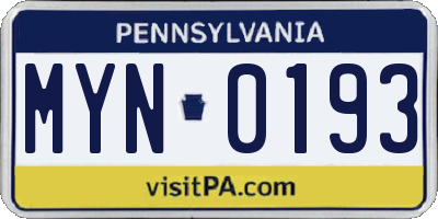 PA license plate MYN0193