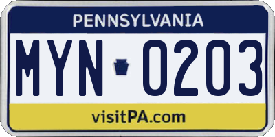 PA license plate MYN0203