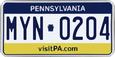 PA license plate MYN0204