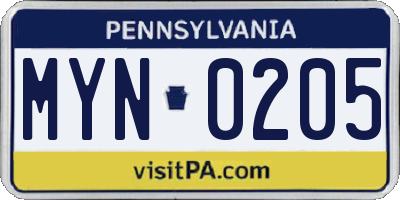PA license plate MYN0205