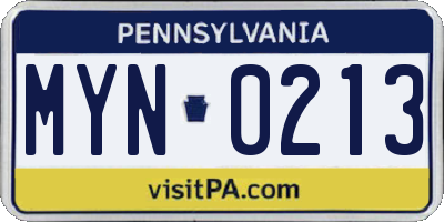 PA license plate MYN0213