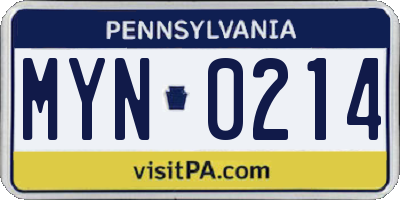 PA license plate MYN0214