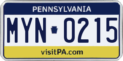 PA license plate MYN0215