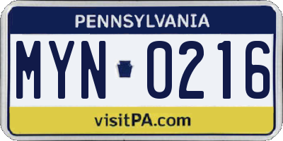 PA license plate MYN0216