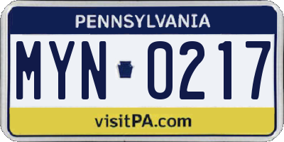 PA license plate MYN0217