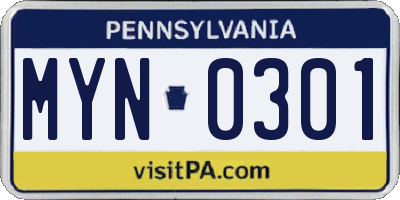 PA license plate MYN0301