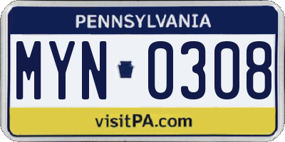 PA license plate MYN0308