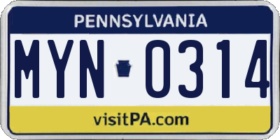 PA license plate MYN0314