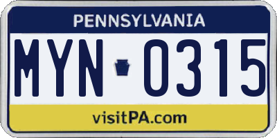 PA license plate MYN0315