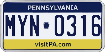 PA license plate MYN0316
