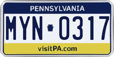 PA license plate MYN0317