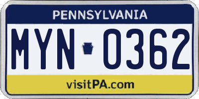 PA license plate MYN0362