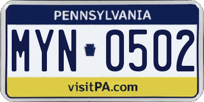 PA license plate MYN0502