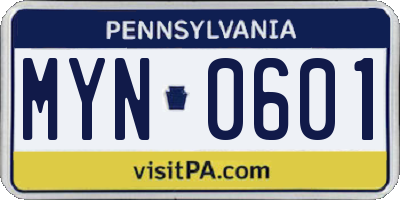PA license plate MYN0601