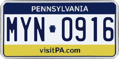 PA license plate MYN0916