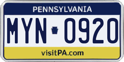 PA license plate MYN0920