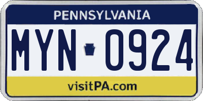 PA license plate MYN0924