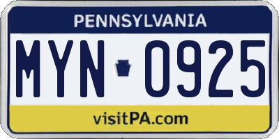 PA license plate MYN0925