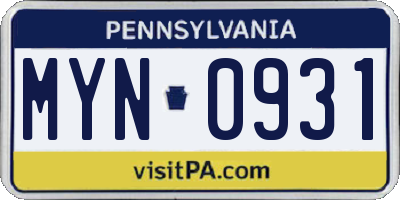 PA license plate MYN0931