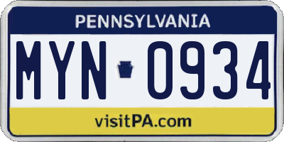 PA license plate MYN0934
