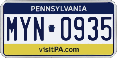 PA license plate MYN0935