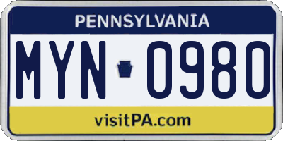 PA license plate MYN0980