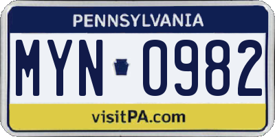PA license plate MYN0982