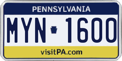 PA license plate MYN1600