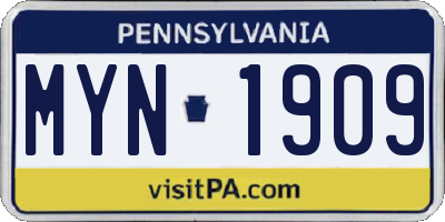 PA license plate MYN1909