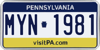 PA license plate MYN1981