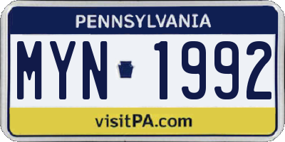 PA license plate MYN1992