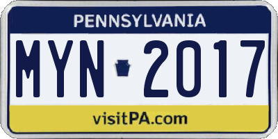 PA license plate MYN2017