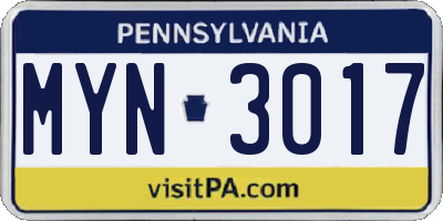 PA license plate MYN3017