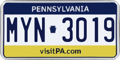 PA license plate MYN3019