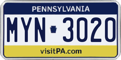 PA license plate MYN3020