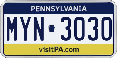 PA license plate MYN3030