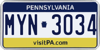 PA license plate MYN3034