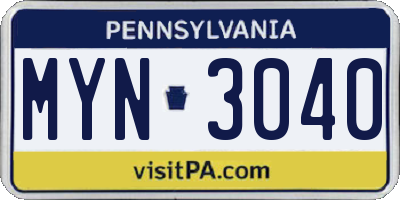 PA license plate MYN3040
