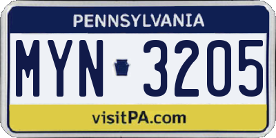 PA license plate MYN3205