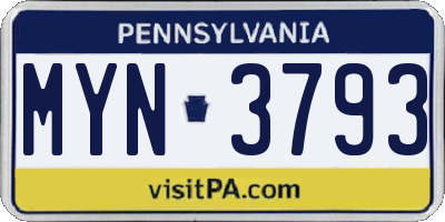PA license plate MYN3793