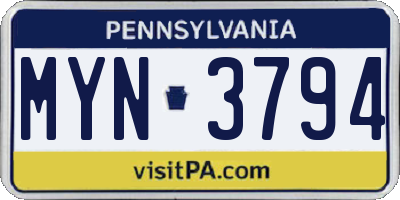 PA license plate MYN3794